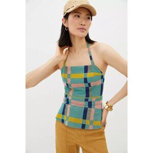 Anthropologie Eva Franco Mod Plaid Halter Top Teal and Yellow
